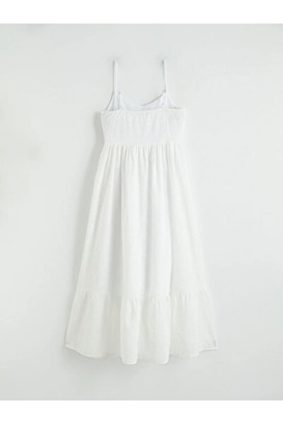 LC Waikiki Λευκό φόρεμα με λαιμόκοψη καρδιά και κορδόνια, με κέντημα