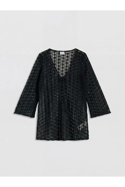 LC Waikiki Μαύρο γυναικείο πλεκτό φόρεμα παραλίας με λαιμόκοψη V και διάτρητο...