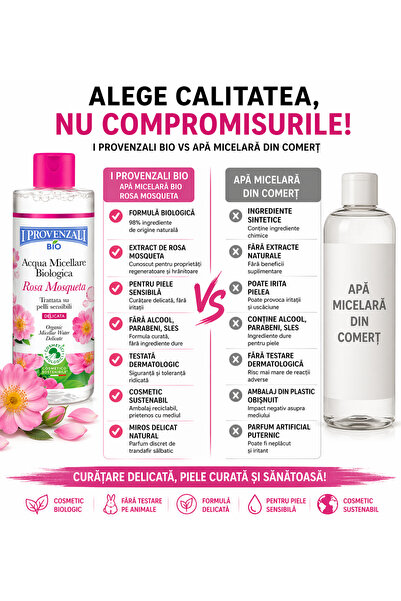 I Provenzali Apa Micelara Bio Rosa Mosqueta 400 ml pentru piele sensibila, curatare delicata, hidratare, demachiant facial fara alcool