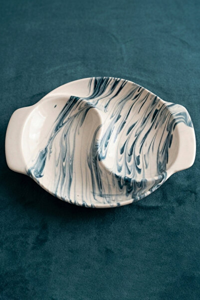 evcime El Yapımı İki Bölmeli Seramik Çerezlik - Mermer Desenli Modern Sunumluk - 20 cm - Yeşil Beyaz