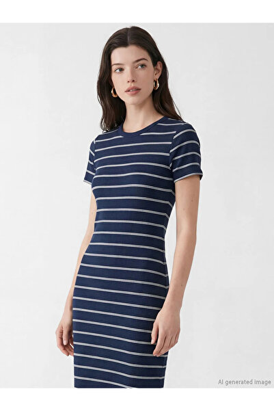 LC Waikiki Μπλε ναυτικό φόρεμα με ριγέ λαιμόκοψη