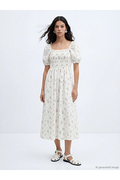 LC Waikiki Ροζ τετράγωνο γιακά με λουλουδάτα μανίκια μπαλόνια και φόρεμα από ...