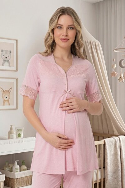 Pelin Kadın Pudra Dantelli Özel Tasarım Hamile Lohusa Pijama Takımı Seti