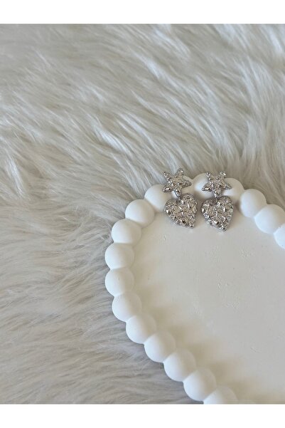 Yıldız ve Kalp Detaylı Silver Küpe