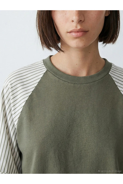 LC Waikiki Χακί ριγέ μπλούζα με λαιμόκοψη ποδηλάτου