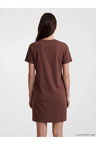 LC Waikiki Καφέ γυναικείο νυχτικό με στάμπα και λαιμόκοψη ποδηλάτου