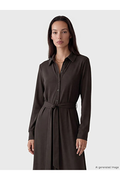 LC Waikiki Καφέ Μοντάλ Μείγμα με ζώνη στη μέση Πουκαμισοφόρεμα