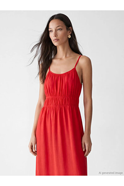 LC Waikiki Κόκκινο φόρεμα με λαιμόκοψη U και κορδόνια στο μπούστο