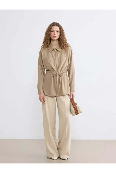 LC Waikiki Καφέ Γυναικείο Μπουφάν με Γιακά Πουκάμισου