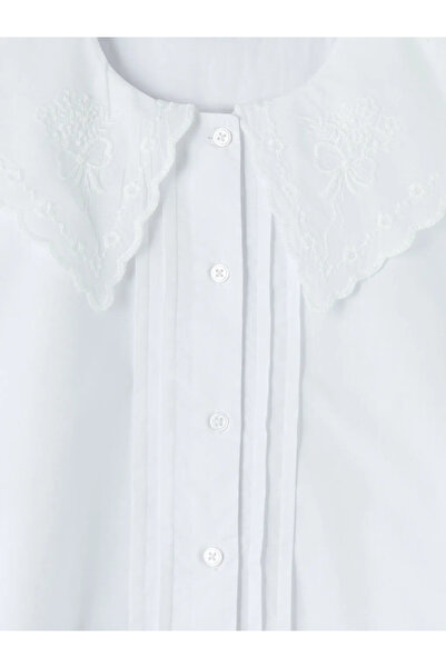 LC Waikiki Λευκό φόρεμα ποπλίνα για κορίτσια με κέντημα στο γιακά