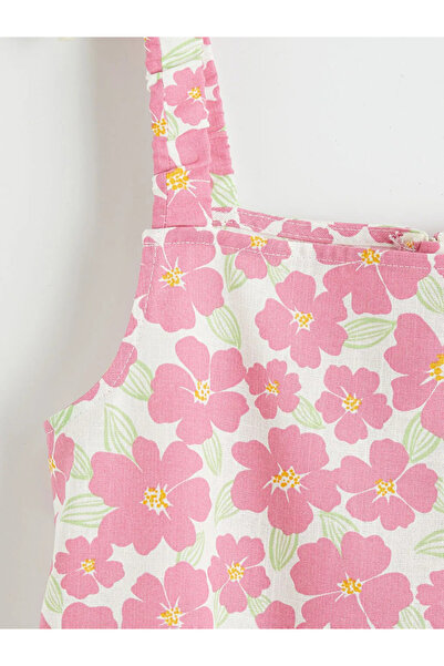 LC Waikiki Ροζ τετράγωνο γιακά με λουλούδια κοριτσίστικο φόρεμα από ποπλίνα