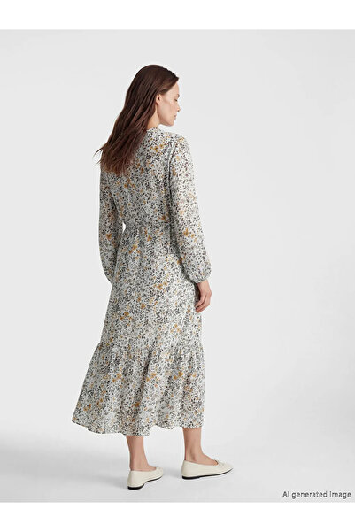 LC Waikiki Μπεζ φλοράλ φόρεμα με λαιμόκοψη ποδηλάτου