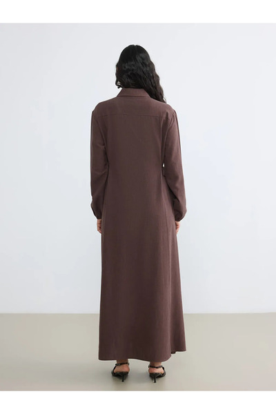 LC Waikiki Καφέ φόρεμα με γιακά πουκάμισου, σε γραμμή Α, από μείγμα λινού