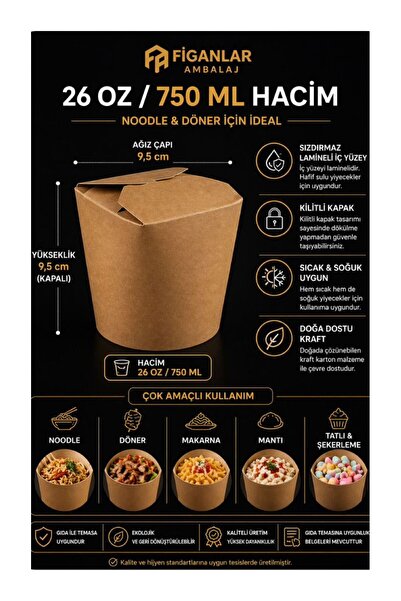 figanlar ambalaj Kraft Noodle Döner Box 26 oz 750 ml Kapaklı Sızdırmaz Karton...