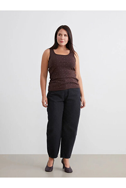 LC Waikiki Καφέ τετράγωνο γιακά με πέτρες γυναικείο τοπ