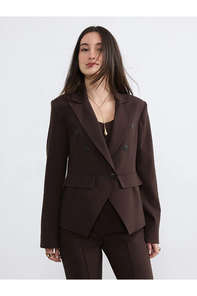 LC Waikiki Καφέ Γυναικείο Μπλέιζερ Μπουφάν με Διπλό Γιακά σε Στυλ Petite