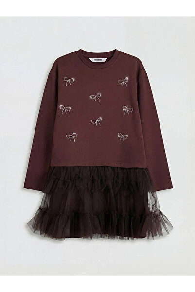 LC Waikiki Καφέ φόρεμα για κορίτσια με φιόγκο και τούλι