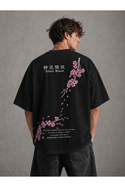 Nulivez تي شيرت Silent Bloom Sakura مطبوع كبير الحجم للجنسين على الطراز الياب...