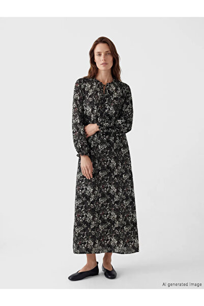 LC Waikiki Μαύρο φόρεμα με δετό γιακά και σχέδιο