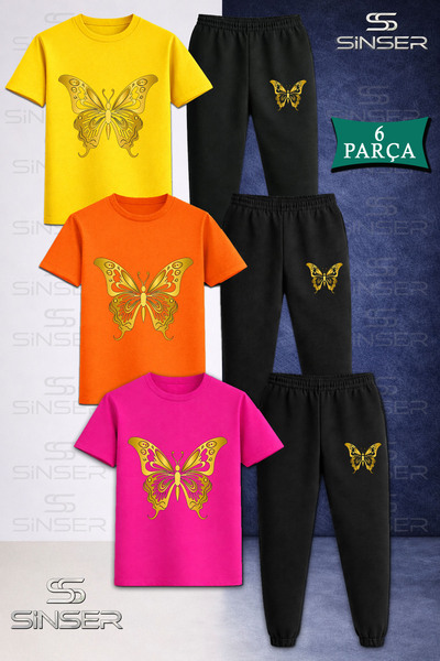 SS SİNSER Children's Buttrfly Gold Color 3-Piece T-Shirt Tracksuit Set