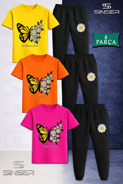 SS SİNSER Children's Buttrfly Yellow Wing Daisy 3-Piece T-Shirt Tracksuit Set