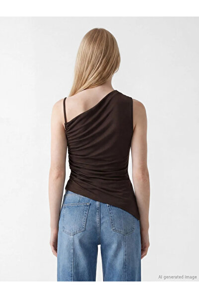 LC Waikiki Καφέ Ασύμμετρη Μπλούζα με Γιακά και Σούρες