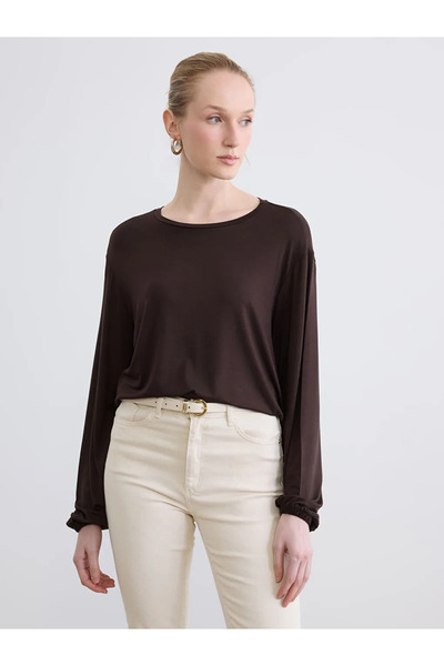 LC Waikiki Καφέ μπλούζα με λαιμόκοψη ποδηλάτου και μανίκια μπαλόνι oversized