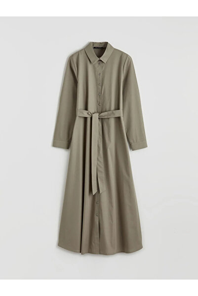 LC Waikiki Πράσινο φόρεμα πουκάμισο από ποπλίνα με ζώνη στη μέση