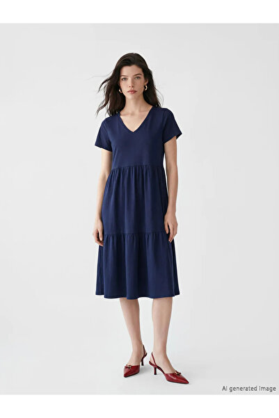 LC Waikiki Μπλε ναυτικό φόρεμα με λαιμόκοψη V και διπλό στρίφωμα