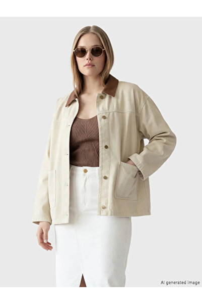 LC Waikiki Μπεζ βελούδινο πουκάμισο με γιακά, γυναικείο τζιν μπουφάν