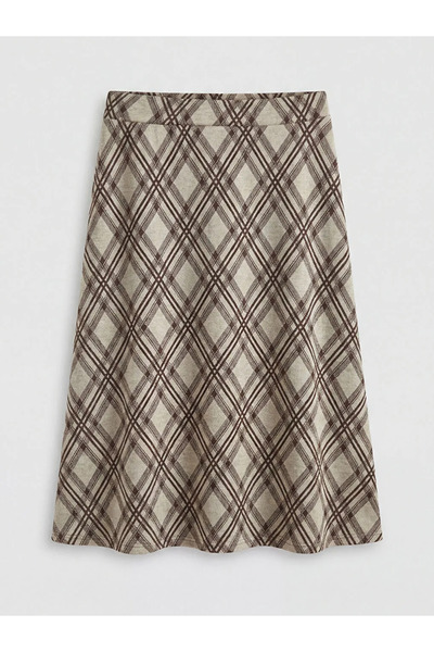 LC Waikiki Beige Plaid A-Line Skirt with Elastic Waist