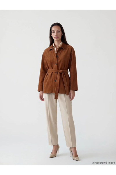 LC Waikiki Μπεζ Βελούδινο Γυναικείο Μπουφάν με Γιακά Πουκάμισου και Ζώνη