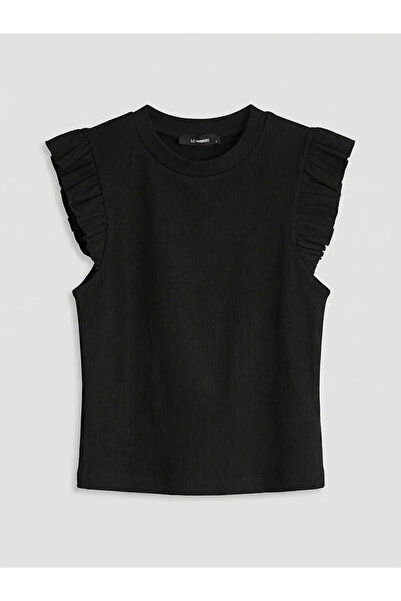 LC Waikiki Μαύρο Γυναικείο Αθλητικό Τοπ με Βολάν και Λαιμόκοψη Ποδηλάτου