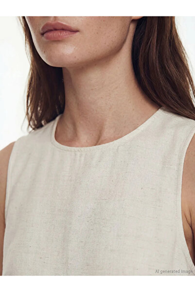 LC Waikiki Εκρού φόρεμα με λαιμόκοψη ποδηλάτου από μείγμα λινών υφασμάτων