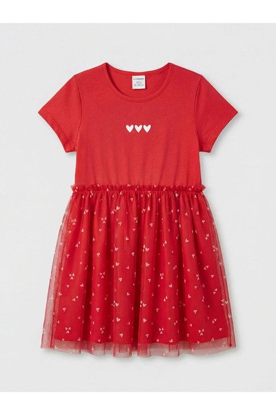 LC Waikiki Κόκκινο φόρεμα με λαιμόκοψη ποδηλάτου για κορίτσια