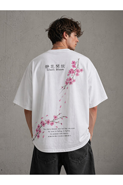 Nulivez تي شيرت Silent Bloom Sakura مطبوع كبير الحجم للجنسين على الطراز الياب...