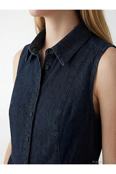 LC Waikiki Μπλε ναυτικό μίνι τζιν φόρεμα με γιακά πουκάμισου και κορδόνι