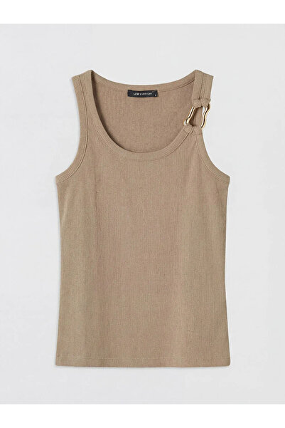 LC Waikiki Καφέ γυναικείο αθλητικό μπλουζάκι με μεταλλική απλικέ λεπτομέρεια ...