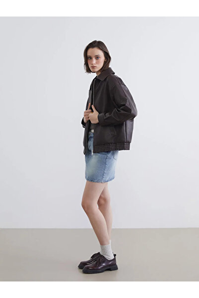 LC Waikiki Καφέ Γιακάς πουκαμίσου oversized Γυναικείο εφέ δέρματος Μπουφάν