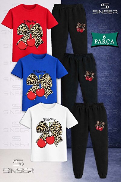 SS SİNSER Children's Cherry Leopard Ribbon Cherry Writing 3-Piece T-Shirt Tra...