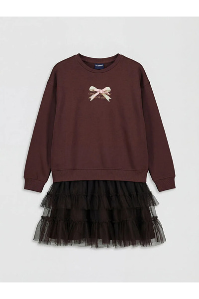 LC Waikiki Καφέ φόρεμα για κορίτσια με λαιμόκοψη και λεπτομέρεια από τούλι