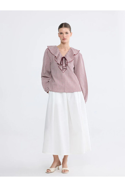 LC Waikiki Βουργουνδί χρώματος καρό μπλούζα με γιακά κούκλας