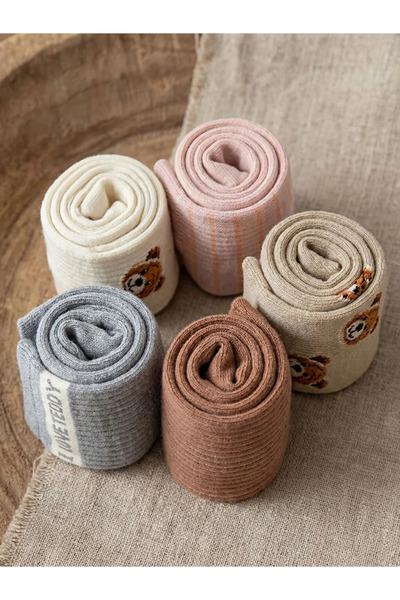 LC Waikiki Γυναικείες κάλτσες με σχέδιο Ecru Teddy, σετ 5 τεμαχίων