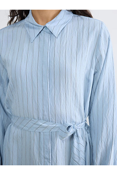 LC Waikiki Μπλε Ριγέ με ζώνη Ποπλίνα Πουκαμισοφόρεμα