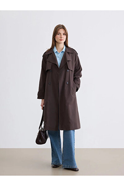 LC Waikiki Καφέ Μπουφάν με Γιακά και Ζώνη, Γυναικεία Καμπαρντίνα