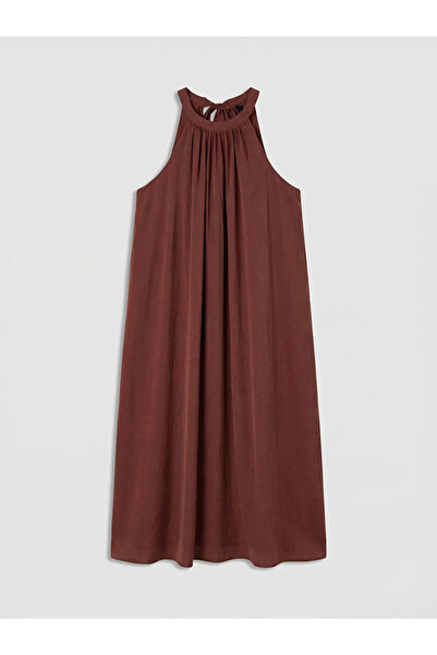 LC Waikiki Καφέ φόρεμα με κορδόνι στη μέση, σε γραμμή Α, από μείγμα μοντάλ