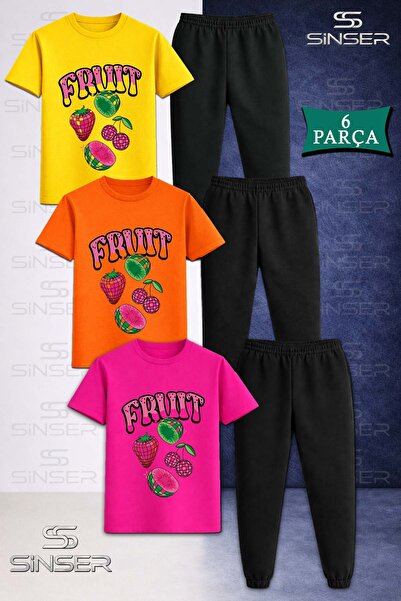 SS SİNSER Children's Meyve 4Lu Fruit Written 3-Piece T-Shirt Tracksuit Set