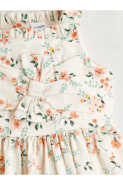 LC Waikiki Κίτρινο φόρεμα για κορίτσια με τετράγωνο γιακά και φιόγκο με λουλο...