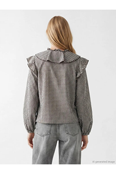 LC Waikiki Καρό μπλούζα με βολάν και γιακά σε καφέ απόχρωση