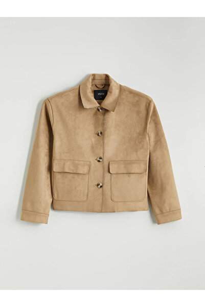 LC Waikiki Μπεζ πουκάμισο με γιακά Γυναικείο σουέτ μπουφάν